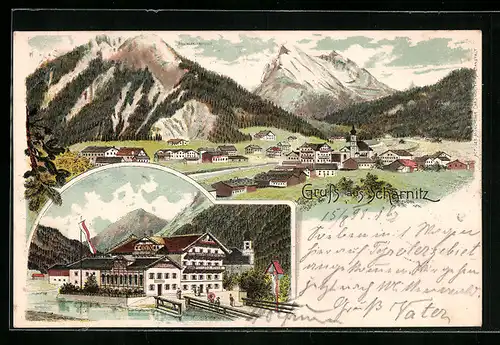 Lithographie Scharnitz, Restaurant zum goldenen Adler, Gesamtansicht aus der Vogelschau