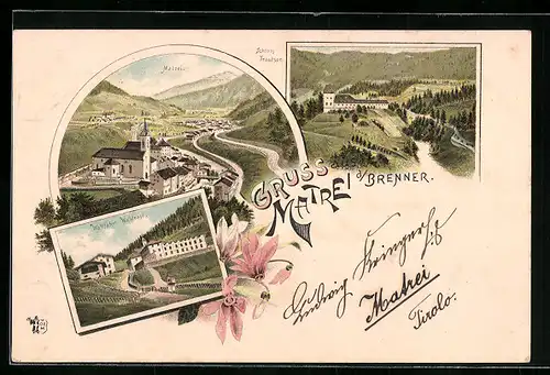 Lithographie Matrei am Brenner, Ortsansicht, Wallfahrt Waldrast, Schloss Trautson