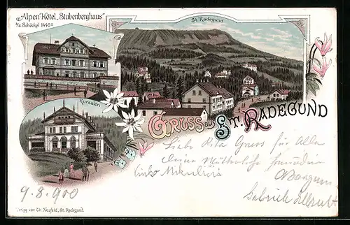 Lithographie St. Radegund, Alpen-Hotel Stubenberghaus, Kursalon, Ortsansicht