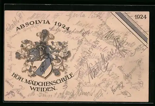 Künstler-AK Weiden, Absolvia der Häh. Mädchenschule 1924, Wappen