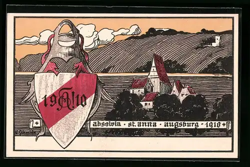 Künstler-AK Augsburg, Absolvia St. Anna 1910, Totalansicht mit Studentenwappen