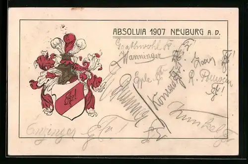 Künstler-AK Neuburg a. D., Absolvia 1907, Wappen