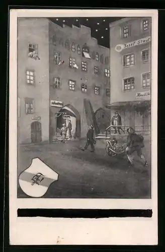 Künstler-AK Wasserburg am Inn, Real-Absolvia 1927, Schüler gehen in die Kneipe