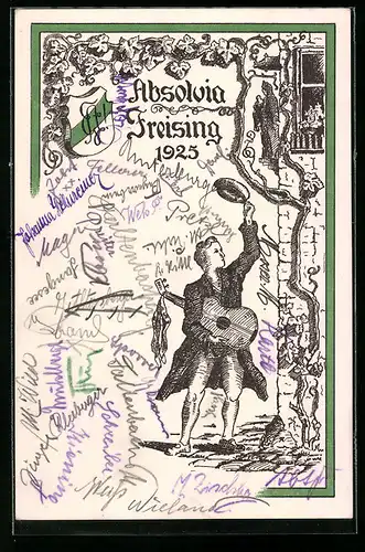 Künstler-AK Freising, Absolvia 1925, Wappen, Schüler mit Gitarre