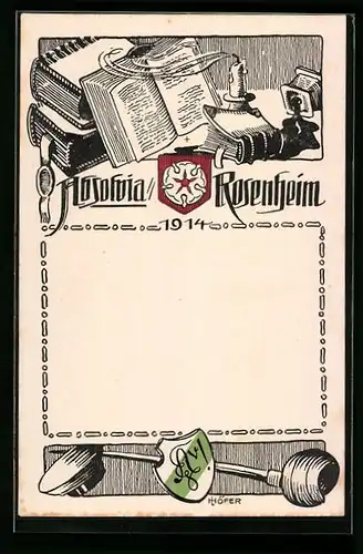 Künstler-AK Rosenheim, Absolvia 1914, Wappen, Bücher
