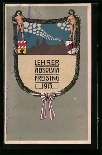 Künstler-AK Freising, Lehrer Absolvia 1913, Wappen mit Stadtsilhouette