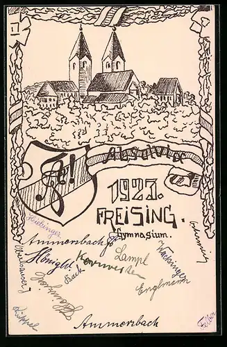 Künstler-AK Freising, Absolvia 1923, Wappen, Ortsansicht