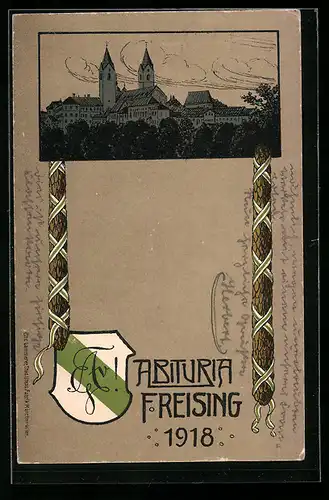 Künstler-AK Freising, Abituria 1918, Wappen, Ortsansicht