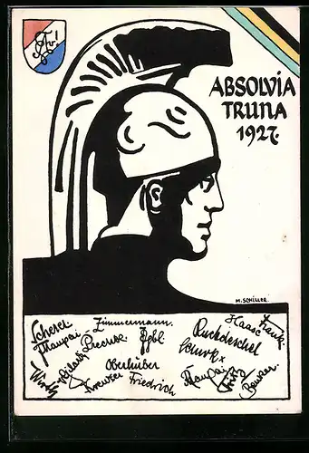 Künstler-AK Traunstein, Absolvia Truna 1927, römischer Soldat & Wappen