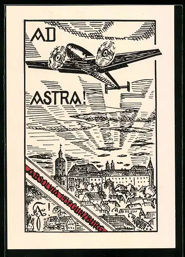 Künstler-AK Günzburg, Absolvia 1937, Ortsansicht mit Flugzeug