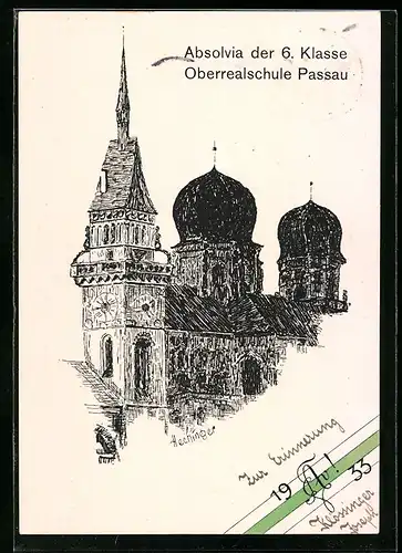 Künstler-AK Passau, Absolvia der 6. Klasse der Oberrealschule Passau, Kirche