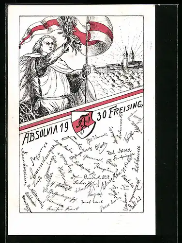 Künstler-AK Freising, Absolvia 1930, Krieger mit Fahne