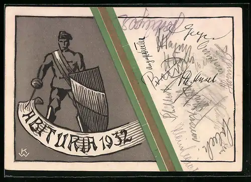 Künstler-AK Weiden, Abituria Oberrealschule 1932, Absolvent mit Degen und Schild