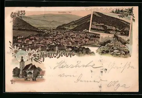 Lithographie Mürzzuschlag, Hotel Lambach, Kirche, Ortsansicht