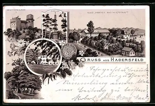 Lithographie Hadersfeld, Alois Aigners Gastwirtschaft, Obelisk, Schloss