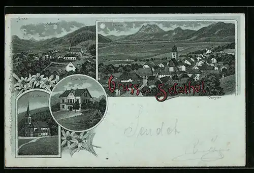 Lithographie Selzthal, Hotel Huber, Kirche, Panorama von Liezen