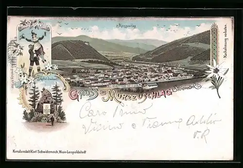 Lithographie Mürzzuschlag, Scheffel-Denkmal, Ortsansicht aus der Vogelschau