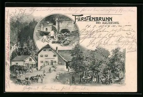 Lithographie Grödig, Wasserschloss, Gasthaus