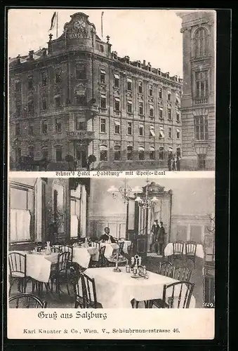 AK Salzburg, Lebners Hotel Habsburg mit Speise-Saal