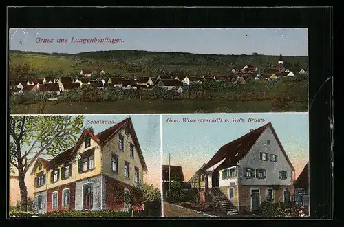 AK Langenbeutingen, Warengeschäft W. Braun, Schulhaus, Ortspanorama