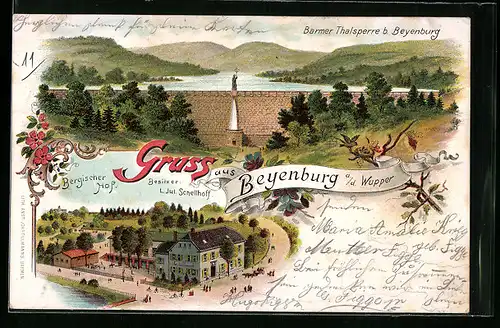 Lithographie Beyenburg /Wupper, Gasthaus Bergischer Hof L. J. Schellhoff mit Strasse, Barmer Thalsperre