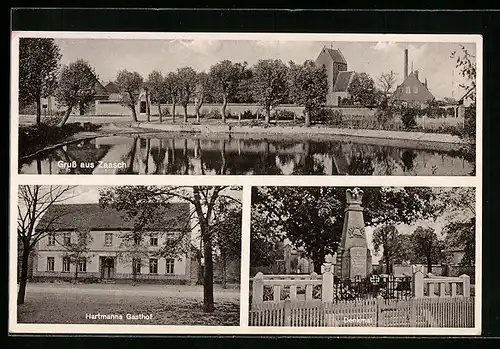 AK Zaasch, Hartmanns Gasthof, Denkmal, Ortspartie mit Kirche und Fabrik