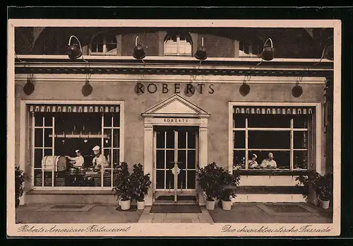 AK Berlin, Roberts American Restaurant, Kurfürstendamm Ecke Fasanenstrasse, Fassade mit Köchen und Gästen