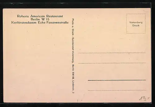 AK Berlin, Roberts American Restaurant, Kurfürstendamm Ecke Fasanenstrasse, Fassade mit Köchen und Gästen