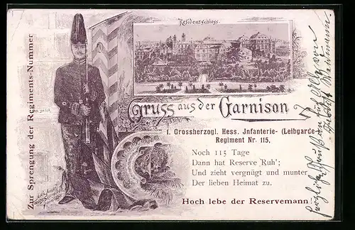 Künstler-AK Darmstadt, Garnison-Wachsoldat des 1. Grossherzogl. Hess. Infanterie Rgt. 115, Residenzschloss