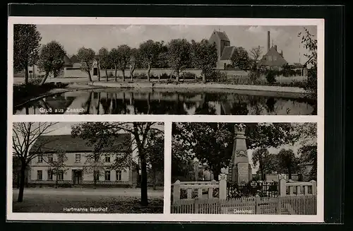 AK Zaasch, Hartmanns Gasthof, Denkmal, Ortspartie mit Teich