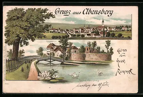 Lithographie Abensberg, Ruine und Amtsgericht mit Brücke, Ortsansicht