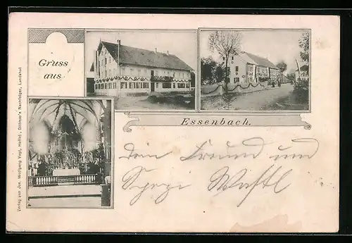 AK Essenbach, Geschmücktes Haus mit Strasse, Kircheninneres