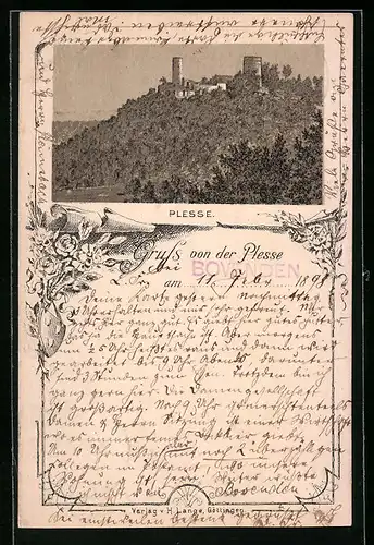 Lithographie Göttingen, Plesse mit grüner Umgebung, Wappen