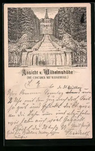 Lithographie Wilhelmshöhe, Cascaden mit Wasserfall