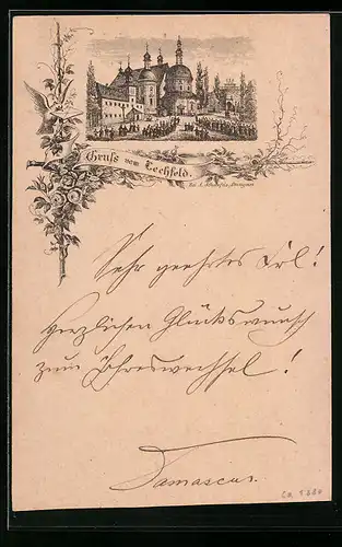 Lithographie Kloster Lechfeld, Kloster mit Prozession