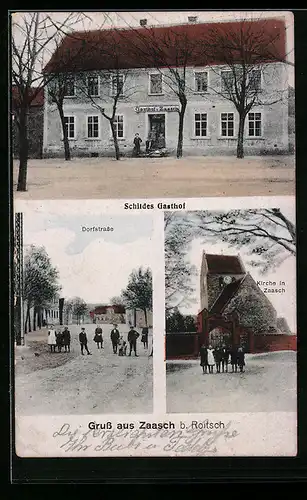 AK Zaasch, Schildes Gasthof, Dorfstrasse und Kirche