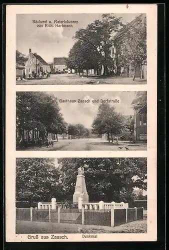 AK Zaasch, Bäckerei R. Hartmann, Gasthaus Zaasch und Dorfstrasse, Denkmal