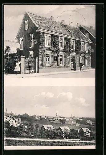 AK Wermelskirchen, Gasthaus zur Post Otto Voss mit Strasse, Ortsansicht aus der Vogelschau
