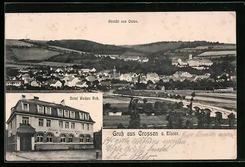 AK Crossen a. Elster, Hotel Weisses Ross, Teilansicht von Osten