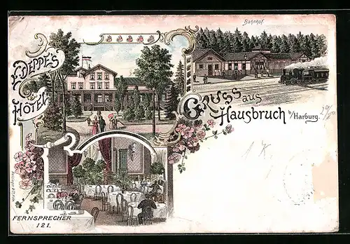 Lithographie Hamburg-Harburg, E. Deppe`s Hotel, Innenansicht, Bahnhof