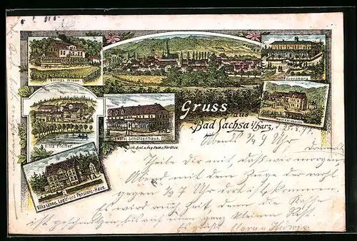 Lithographie Bad Sachsa i. Harz, Hotel Schützenhaus, Hotel Ktzenstein, Gasthaus Eulings Wiese