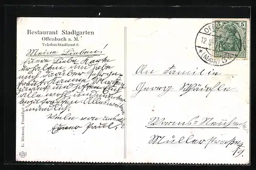 AK Offenbach a. M., Restaurant Stadtgarten