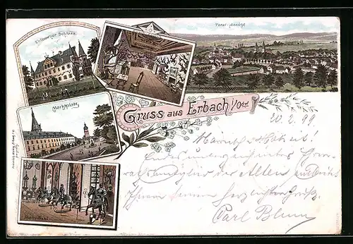 Lithographie Erbach i. Odw., Eulbacher Schloss, Marktplatz, Totalansicht