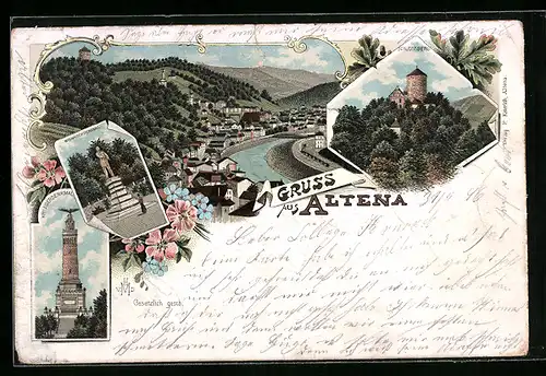 Lithographie Altena, Schlossberg, Totalansicht, Bismarckdenkmal