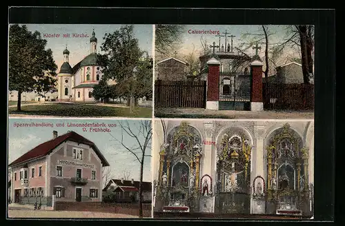 AK Lechfeld, Spezereihandlung und Limonadenfabrik von V. Frühholz, Kloster mit Kirche, Altäre