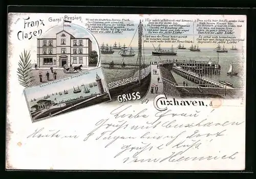 Lithographie Cuxhaven, Garni-Pension Franz Clasen, Leuchtturm und Seepavillon, Alte Liebe