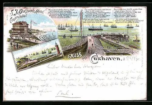 Lithographie Cuxhaven, Hotel Continental, Leuchtturm & Seepavillon, Hafen