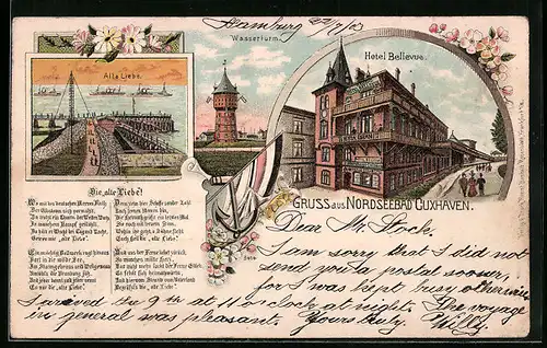 Lithographie Cuxhaven, Hotel Bellevue, Wasserturm, Alte Liebe