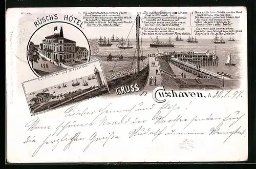 Vorläufer-Lithographie Cuxhaven, 1894, Leuchtturm u. Seepavillon, Mole mit Anlegern und Schiffen