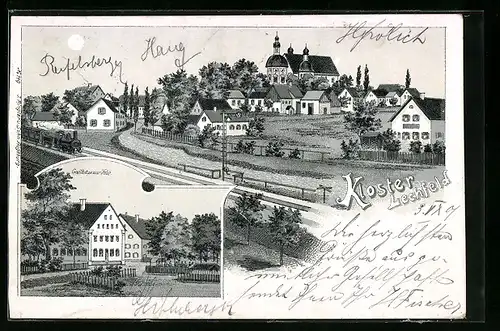 Lithographie Kloster Lechfeld, Ortsansicht, Gasthaus zur Post